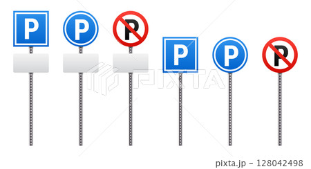 Parking and No Parking signs indicating parking availability and restrictions Parking and No Parking signs indicating parking availability and restrictions 128042498