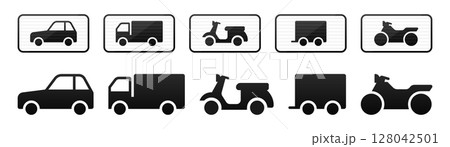 Various silhouettes of vehicles including cars, trucks, and motorcycles. 128042501