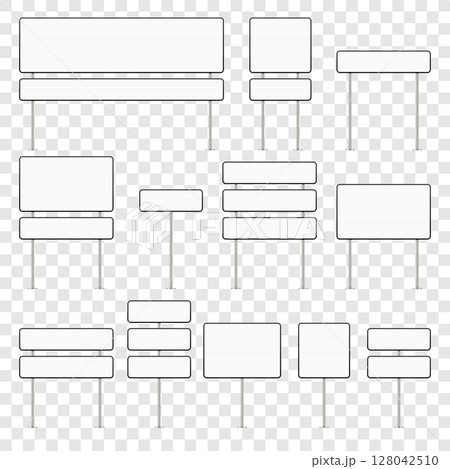 Collection of various blank white signboards on poles against a transparent background. Collection of various blank white signboards on poles against a transparent background. 128042510