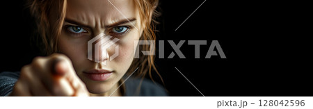 Young Woman Pointing Index Finger at Camera on a Black Background - Generative Ai 128042596