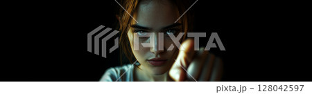 Young Woman Pointing Index Finger at Camera on a Black Background - Generative Ai 128042597