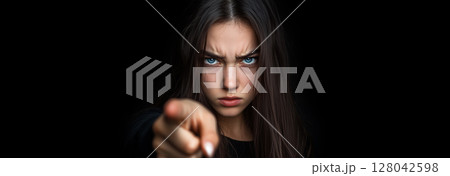 Young Woman Pointing Index Finger at Camera on a Black Background - Generative Ai 128042598