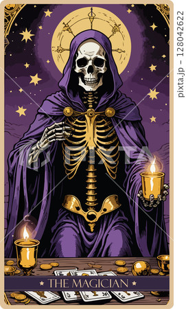 A watercolor skeleton Tarot card 'The Magician'. Major arcana set part . Vector hand drawn engraved style. Occult and alchemy symbolism. A watercolor skeleton Tarot card 'The Magician'. Major arcana set part . Vector hand drawn engraved style. Occult and alchemy symbolism. 128042622
