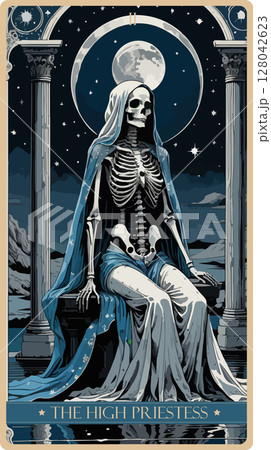 A watercolor skeleton Tarot card 'The High Priestess'. Major arcana set part . Vector hand drawn engraved style. Occult and alchemy symbolism. 128042623
