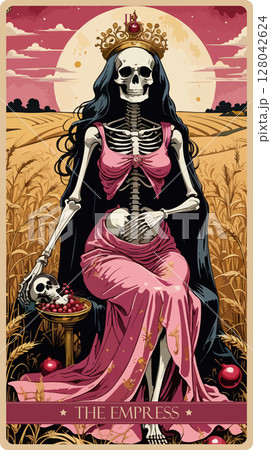 A watercolor skeleton Tarot card 'The Empress'. Major arcana set part . Vector hand drawn engraved style. Occult and alchemy symbolism. 128042624