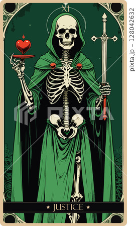A watercolor skeleton Tarot card 'Justice'.Major arcana set part . Vector hand drawn engraved style. Occult and alchemy symbolism. 128042632