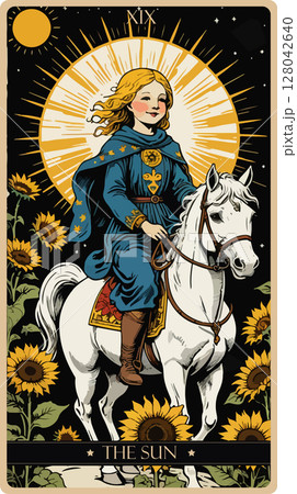 A watercolor skeleton Tarot card 'The Sun'.Major arcana set part . Vector hand drawn engraved style. Occult and alchemy symbolism. 128042640