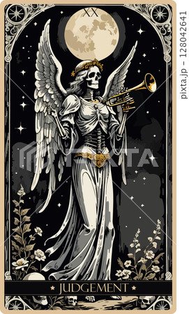 A watercolor skeleton Tarot card 'Judgment'. Major arcana set part . Vector hand drawn engraved style. Occult and alchemy symbolism. A watercolor skeleton Tarot card 'Judgment'. Major arcana set part . Vector hand drawn engraved style. Occult and alchemy symbolism. 128042641