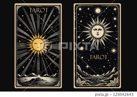Watercolor cover for Tarot card. Vector hand drawn engraved style. Occult and alchemy symbolism. 128042643