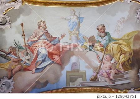 Saint James the Elder and Saint Judas Thaddeus, fresco by Matthaus Gunther in Benedictine monastery church in Amorbach, Germany 128042751