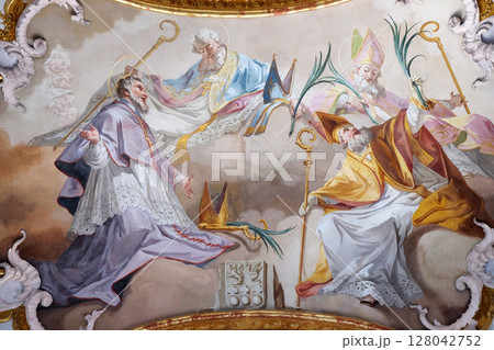 Amorbach abbots and bishops of Verden and Martyrs: Saint Tanco, Kortyla, Haruchus and Erlulphus fresco by Matthaus Gunther in Benedictine monastery church in Amorbach, Germany 128042752