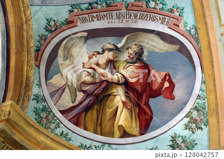 Jacob Wrestling with the Angel, fresco on the ceiling of the Saint John the Baptist church in Zagreb, Croatia 128042757