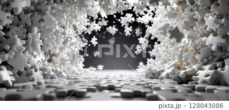 Abstract White Puzzle Pieces in Clear Background with Depth Effect 128043086