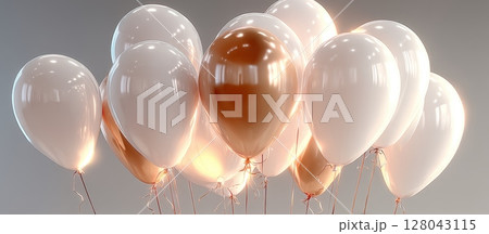 White and Gold Abstract Balloons Floating Against Soft Background 128043115