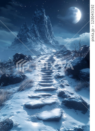 Tranquil Night Landscape with Glowing Stars Over Majestic Snowy Mountain 128043192