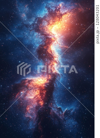 Iridescent Blue Space Scene with Dreamy Clouds and Cosmic Peaceful Atmosphere 128043201