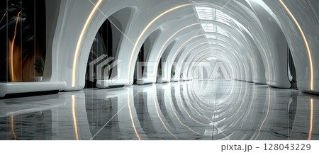 Futuristic White Corridor with Sleek Design and Vanishing Perspective Futuristic White Corridor with Sleek Design and Vanishing Perspective 128043229