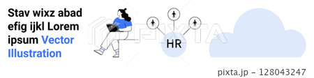 Woman working on laptop, interconnected HR icon with arrows, large cloud symbol. Ideal for HR tech, cloud computing, remote work, collaboration, employee management, digital transformation. Landing 128043247