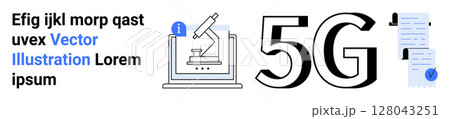 Microscope on a laptop screen, information icon, large 5G, and a document with a blue checkmark. Ideal for technology, innovation, research, education, communication, digital transformation Microscope on a laptop screen, information icon, large 5G, and a document with a blue checkmark. Ideal for technology, innovation, research, education, communication, digital transformation 128043251