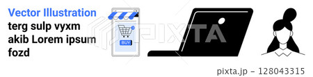 Blue storefront with shopping cart, black laptop icon, and female user icon. Ideal for e-commerce, tech websites, business blogs, online seminars, digital marketing, virtual meetings, and company 128043315