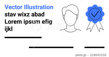 Monochrome facial profile with a blue certification badge and tick mark, accompanied by text lines. Ideal for recognition themes, certifications, awards, identity verification, profiles, business 128043316