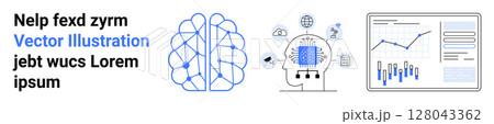 Neural network, human brain with microchip, and data analysis graphics. Ideal for AI, neural networks, machine learning, data science, cognitive computing, technology development, educational Neural network, human brain with microchip, and data analysis graphics. Ideal for AI, neural networks, machine learning, data science, cognitive computing, technology development, educational 128043362
