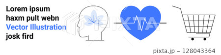 Abstract brain with leaf, blue heart with EKG line, and wireframe shopping cart. Ideal for mental health, healthcare, wellness, e-commerce, medical advice, holistic living, retail health. Banner 128043364