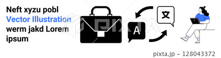 Briefcase, language icons, and person using laptop emphasize language services, translation, global business solutions, remote work, technology, professional services, and communication. Ideal 128043372