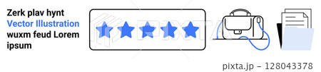 Five blue stars for review, briefcase with headphones, and documents. Ideal for business, education, digital content, marketing, presentations, user interface, professional portfolios. Landing page 128043378