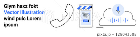 Smartphone with shopping cart, phone receiver, microphone in cloud with sound waves. Ideal for ecommerce, support systems, tech guides, online shopping, customer service, cloud services. Landing page 128043388