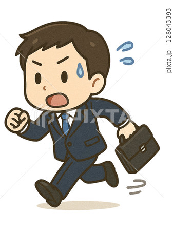 バッグを持って急いで走っているスーツ姿のビジネスマン バッグを持って急いで走っているスーツ姿のビジネスマン 128043393