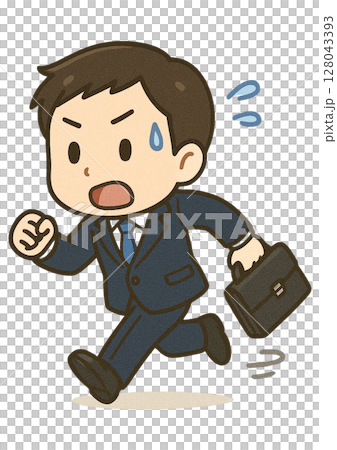 バッグを持って急いで走っているスーツ姿のビジネスマン バッグを持って急いで走っているスーツ姿のビジネスマン 128043393