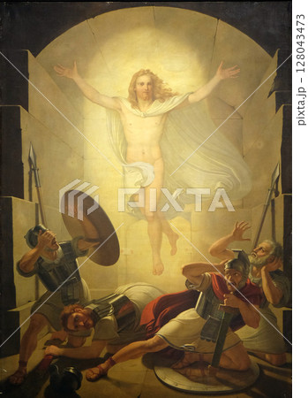 Altarpiece depicting Resurrection of Christ, work by Michele Ridolfi in Cathedral of St. Martin in Lucca, Italy 128043473