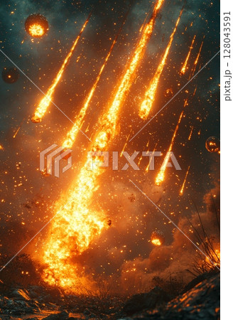 Radiant Scene of Glowing Comets in Space Captured Amidst Cosmic Peaceful Ambiance 128043591