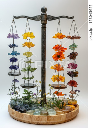 Balanced Beauty: Vibrant Flowers on a Delicate Scale Representing Peace and Harmony 128043625