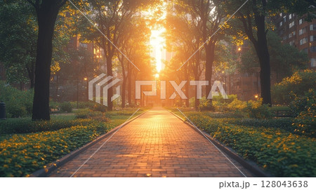 Serene Urban Park at Sunset Surrounded by Modern Architecture and Lush Greenery 128043638
