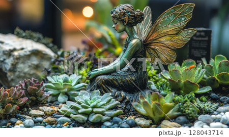 Whimsical Fairy Surrounded by Succulents in a Peaceful Garden Setting 128043714
