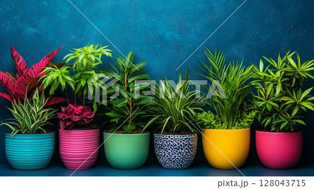 Vibrant Collection of Houseplants in Colorful Pots Against a Blue Background Vibrant Collection of Houseplants in Colorful Pots Against a Blue Background 128043715