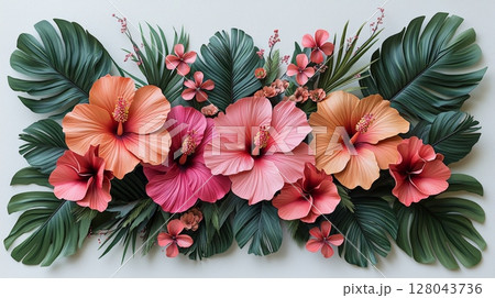 Vibrant Tropical Flower Arrangement with Hibiscus and Exotic Green Leaves 128043736