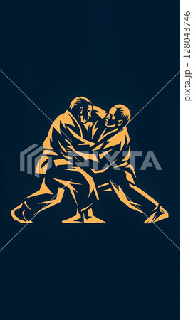 An illustration of a logo of a judo grapple, with two simplified judoka fighters figures engaged in a clinch, demonstrating the art of close-range combat. The background is a dark blue color. 128043746