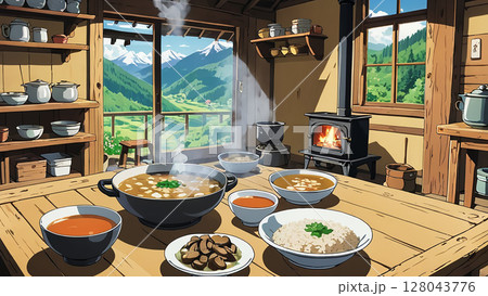 キャンプ場で食べるカレーライスと香辛料 128043776