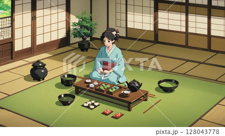 将棋を指す浴衣姿の女性 128043778