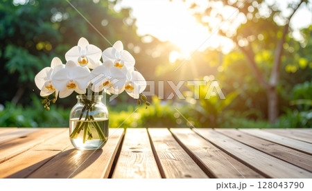 Beautiful spring flowers, including white blossoms, orchid in a vase on a wooden table, evoke the natural beauty of the season 128043790