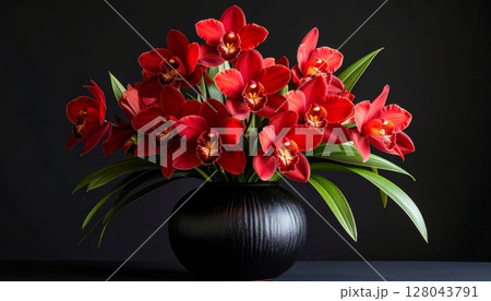 Blooming red orchid in a vase, a beautiful floral arrangement 128043791