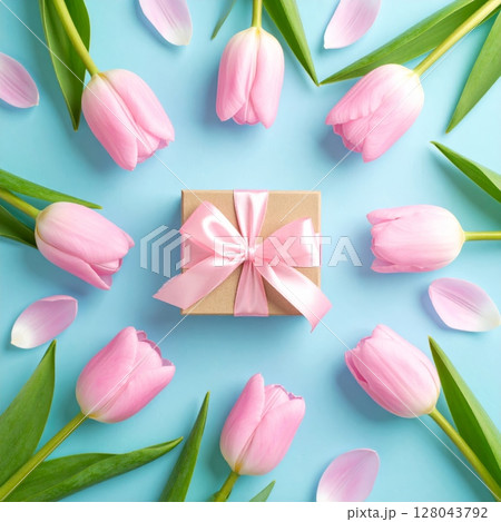 A fresh spring bouquet of pink tulips blossoms with beauty, isolated on white 128043792