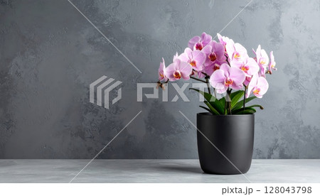 Pink orchid in a vase, a beautiful spring flower bouquet on a wooden table 128043798