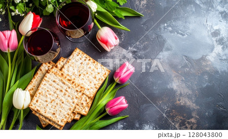 Relaxing spa still life with fresh yellow tulips, wine, and fruit in a picnic basket for a beautiful holiday celebration 128043800