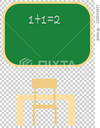 Blackboard and Children's School Desk with Chair in classroom 128043851