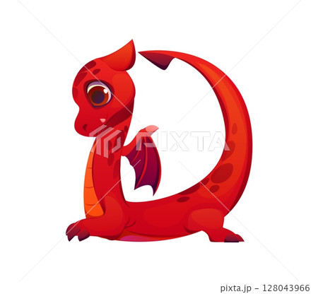 Fantasy red dragon character font letter D. Fantasy dragon kids ABC typeset sign, Asian monster personage cartoon vector type element. Fairy animal character English alphabet font symbol or letter 128043966