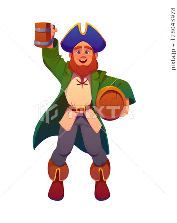 Cartoon pirate ship crew character or corsair with rum barrel, vector personage. Caribbean pirate, boatswain man or corsair filibuster character in tricorne hat with rum barrel or beer pint mug cheers Cartoon pirate ship crew character or corsair with rum barrel, vector personage. Caribbean pirate, boatswain man or corsair filibuster character in tricorne hat with rum barrel or beer pint mug cheers 128043978